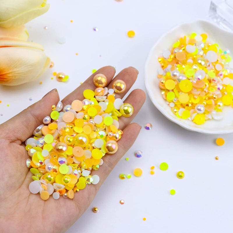 Briskbloom 60g Mix Flatback Pearls and Rhinestones for Crafts, 2mm-10mm Pearl Rhinestones for Nails Face Art Tumblers, Jelly Rhinestones and Half Pearls, with Tweezers Wax Pen, Yellow|White|Orange - Image 2
